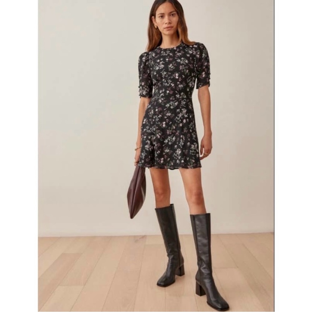 REFORMATION BARD BLACK FLORAL MINI DRESS IN JOLENE NWOT SIZE 4